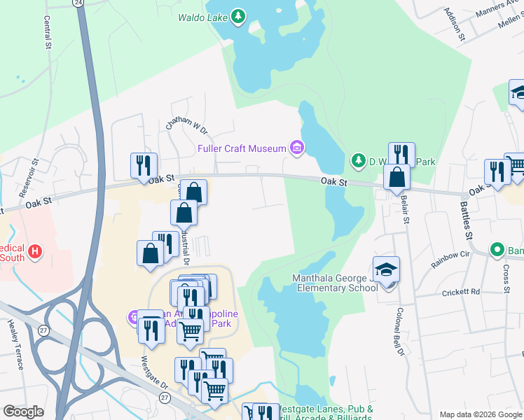 map of restaurants, bars, coffee shops, grocery stores, and more near 103 Oak Lane in Brockton