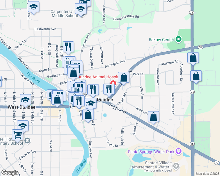 map of restaurants, bars, coffee shops, grocery stores, and more near 222 Dunridge Circle in East Dundee