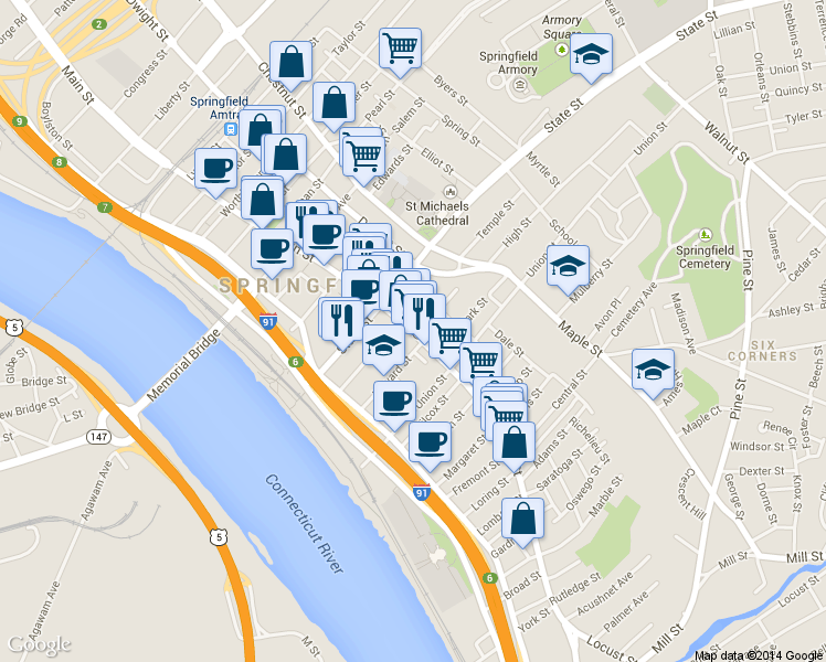 map of restaurants, bars, coffee shops, grocery stores, and more near 1115 Main St in Springfield