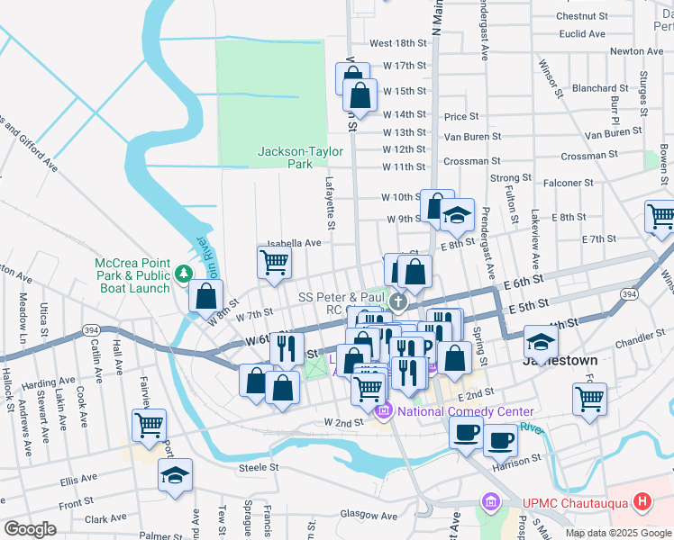 map of restaurants, bars, coffee shops, grocery stores, and more near 801 Washington St in Jamestown