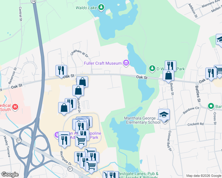 map of restaurants, bars, coffee shops, grocery stores, and more near 103 Oak Lane in Brockton