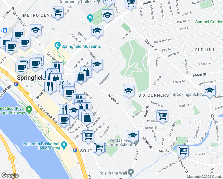 map of restaurants, bars, coffee shops, grocery stores, and more near 155 Maple Street in Springfield