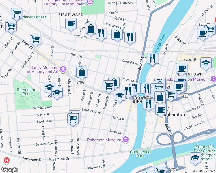 map of restaurants, bars, coffee shops, grocery stores, and more near 123 Murray Street in Binghamton