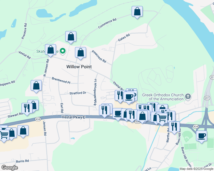 map of restaurants, bars, coffee shops, grocery stores, and more near 3700 Vestal Road in Vestal