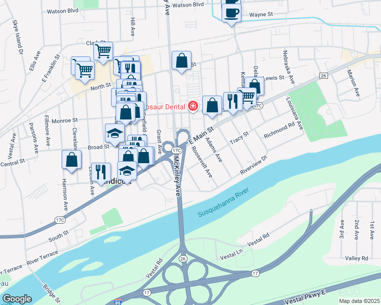 map of restaurants, bars, coffee shops, grocery stores, and more near 307 Roosevelt Avenue in Endicott
