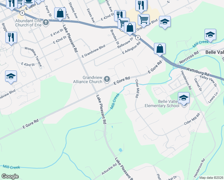 map of restaurants, bars, coffee shops, grocery stores, and more near 1045 E Gore Rd in Erie