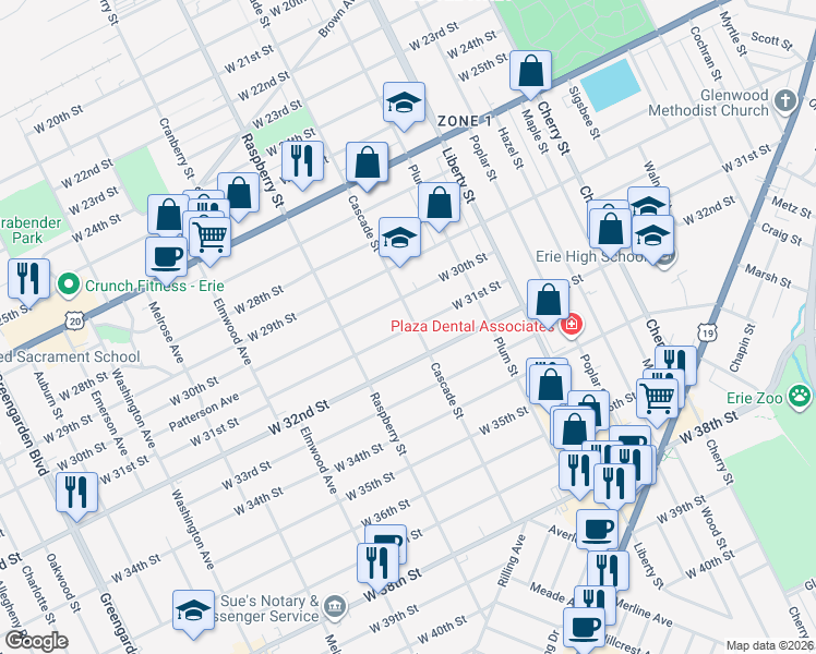 map of restaurants, bars, coffee shops, grocery stores, and more near 1015 West 30th Street in Erie