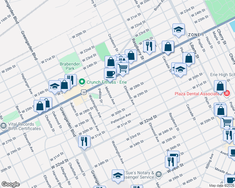 map of restaurants, bars, coffee shops, grocery stores, and more near 1322 West 28th Street in Erie