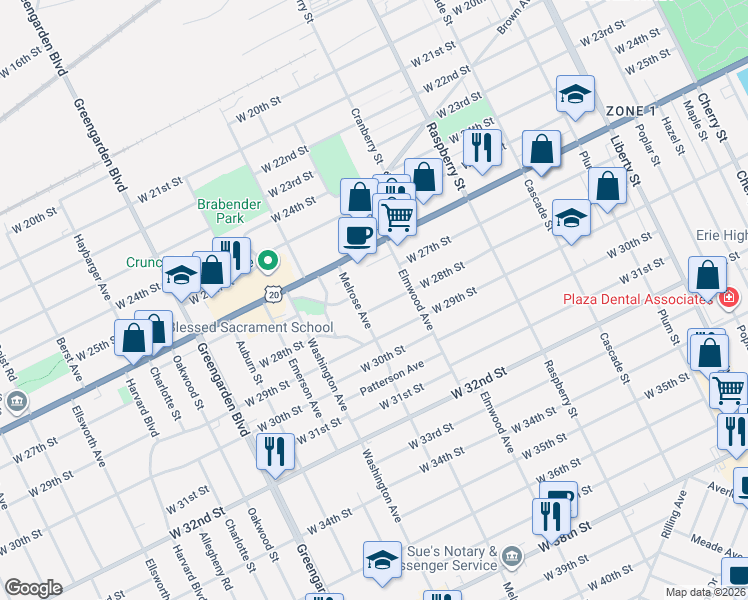 map of restaurants, bars, coffee shops, grocery stores, and more near 1322 West 28th Street in Erie