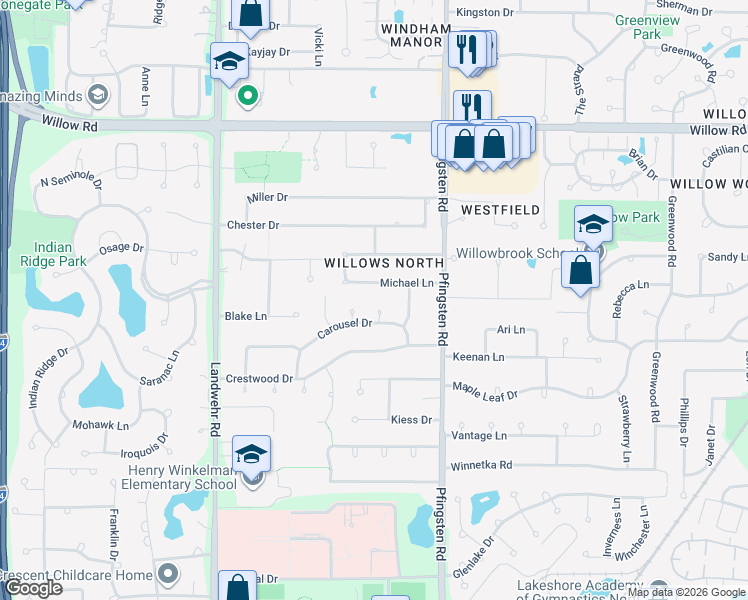 map of restaurants, bars, coffee shops, grocery stores, and more near 3913 Michael Lane in Glenview