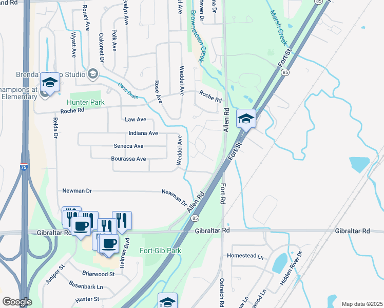 map of restaurants, bars, coffee shops, grocery stores, and more near 28394 Brookfield Court in Brownstown Charter Township