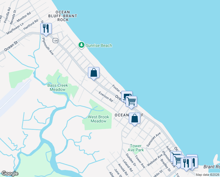 map of restaurants, bars, coffee shops, grocery stores, and more near 21 Brook Street in Marshfield