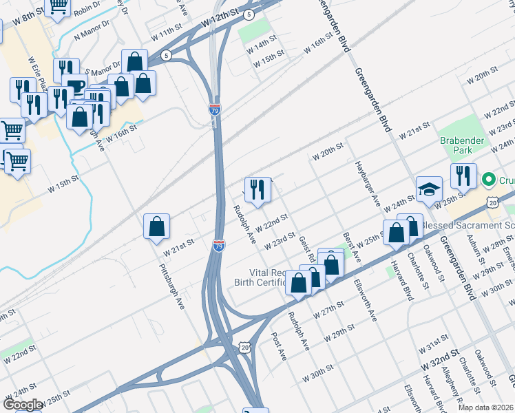 map of restaurants, bars, coffee shops, grocery stores, and more near 2009 Hampton Avenue in Erie