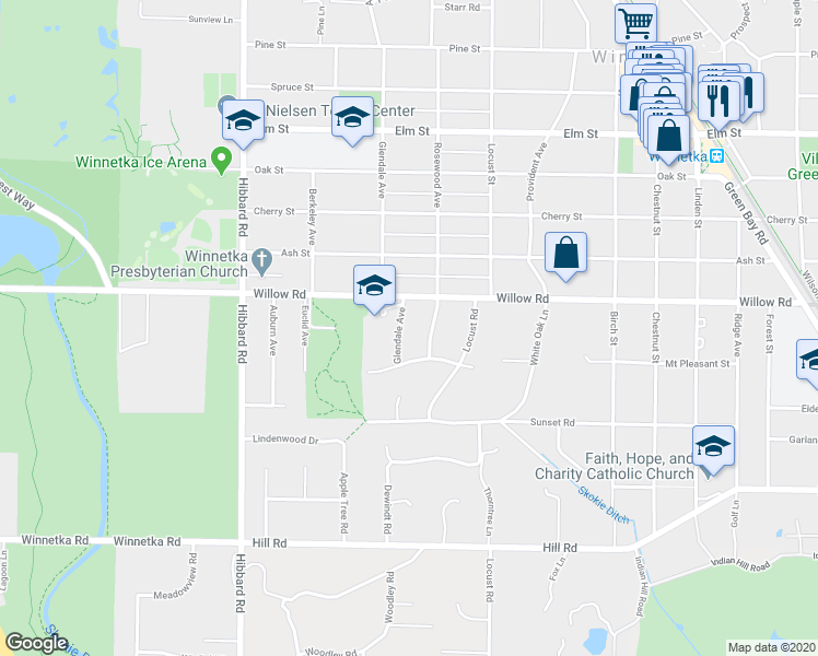 map of restaurants, bars, coffee shops, grocery stores, and more near 335 Glendale Avenue in Winnetka