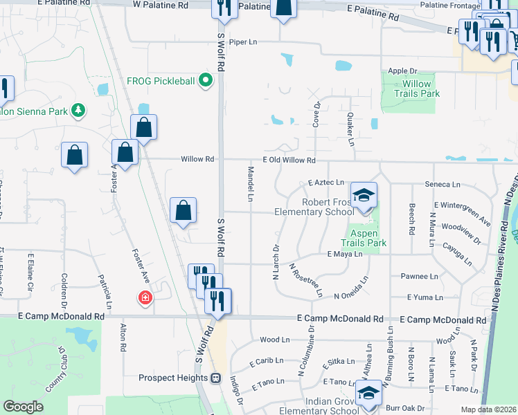 map of restaurants, bars, coffee shops, grocery stores, and more near 204 Mandel Lane in Prospect Heights