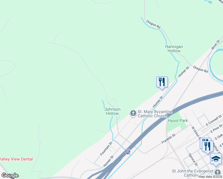 map of restaurants, bars, coffee shops, grocery stores, and more near 2256 Johnson Road in Olean
