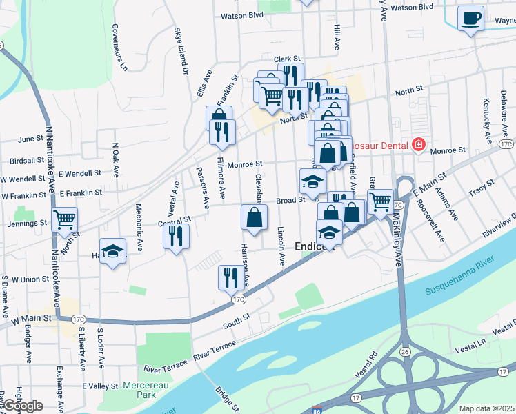 map of restaurants, bars, coffee shops, grocery stores, and more near 810 Broad Street in Endicott
