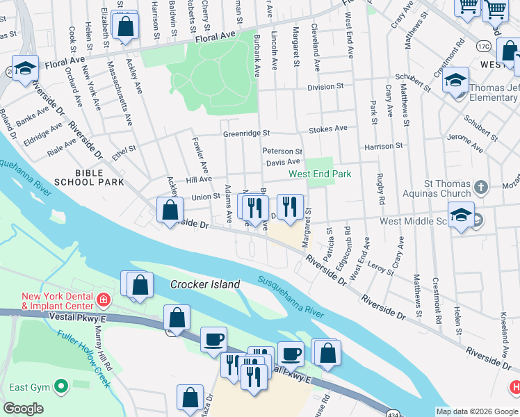 map of restaurants, bars, coffee shops, grocery stores, and more near 302 Burbank Avenue in Johnson City