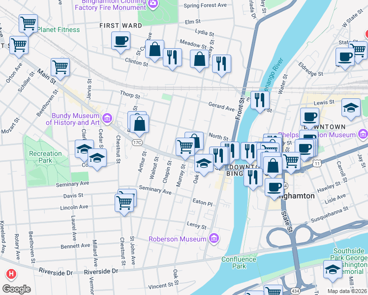 map of restaurants, bars, coffee shops, grocery stores, and more near 123 Murray Street in Binghamton