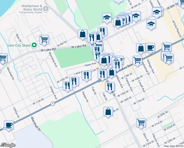 map of restaurants, bars, coffee shops, grocery stores, and more near 2949 West 11th Street in Erie