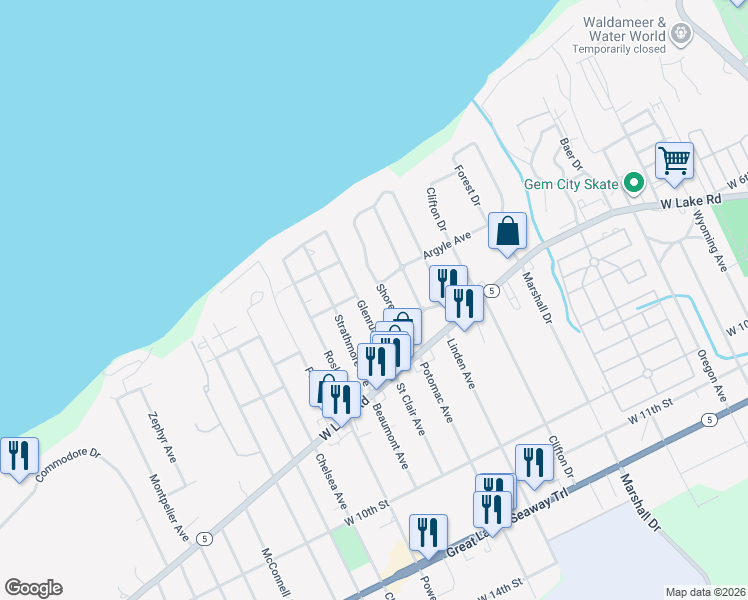 map of restaurants, bars, coffee shops, grocery stores, and more near 410 Shorehaven Dr in Erie