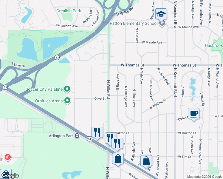 map of restaurants, bars, coffee shops, grocery stores, and more near 1330 North Race Avenue in Arlington Heights