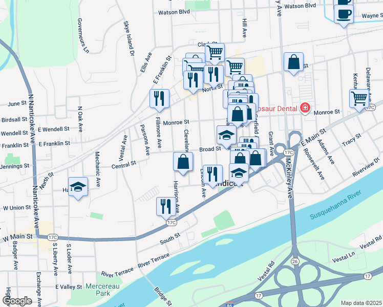 map of restaurants, bars, coffee shops, grocery stores, and more near 811 Broad Street in Endicott