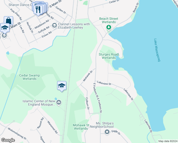 map of restaurants, bars, coffee shops, grocery stores, and more near 15 Mohawk Street in Sharon