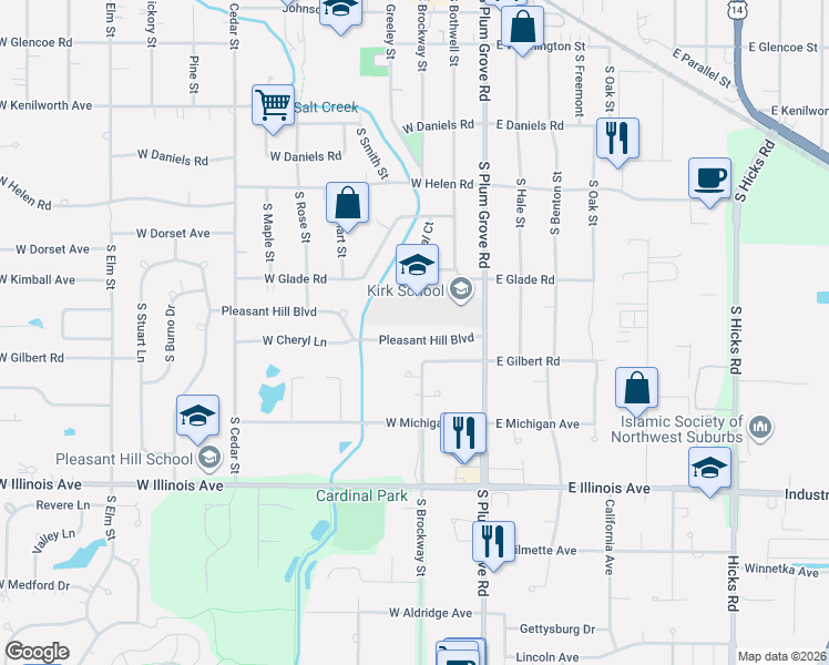 map of restaurants, bars, coffee shops, grocery stores, and more near 90 Pleasant Hill Boulevard in Palatine
