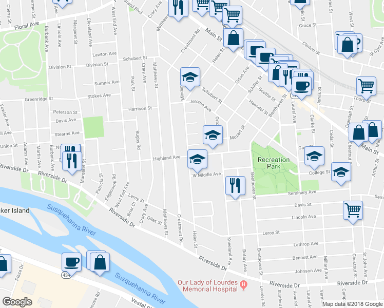 map of restaurants, bars, coffee shops, grocery stores, and more near 90 Helen Street in Binghamton