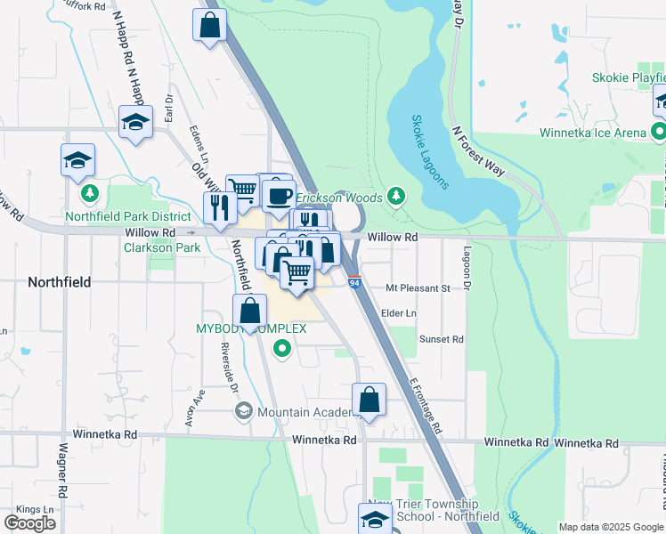 map of restaurants, bars, coffee shops, grocery stores, and more near 1721 Orchard Lane in Northfield