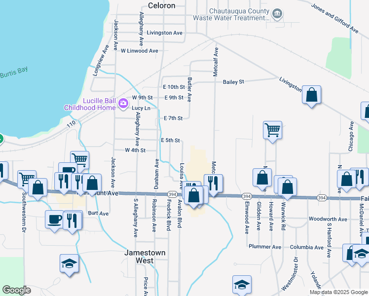map of restaurants, bars, coffee shops, grocery stores, and more near 86 Louisa Avenue in Jamestown