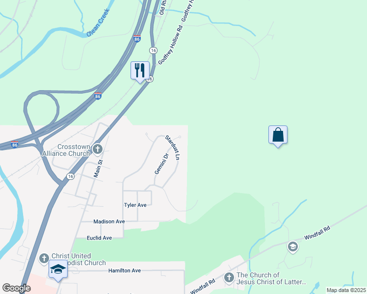map of restaurants, bars, coffee shops, grocery stores, and more near 1805 Stardust Lane in Olean