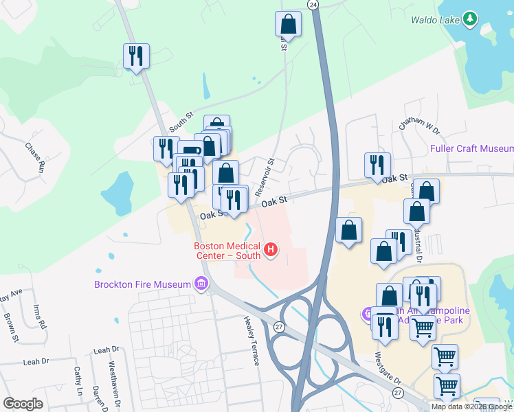 map of restaurants, bars, coffee shops, grocery stores, and more near 75 Oak Street Extension in Brockton
