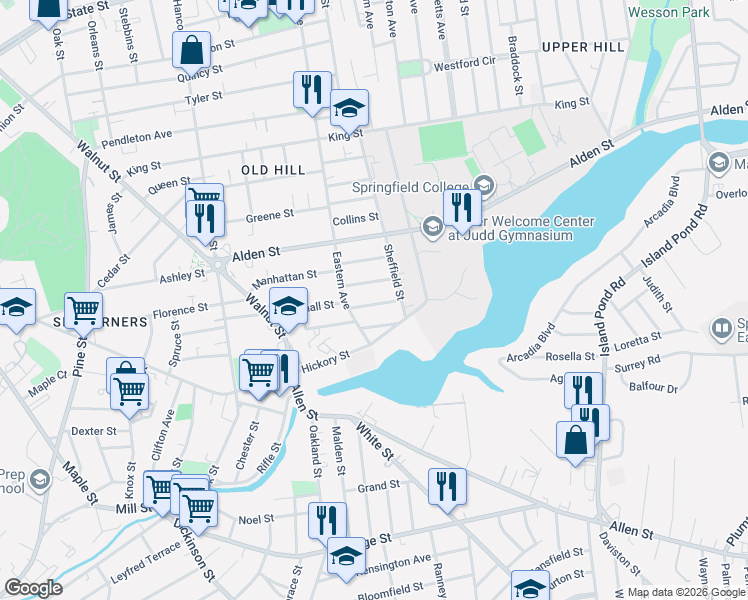 map of restaurants, bars, coffee shops, grocery stores, and more near 21-23 Shillingford Street in Springfield