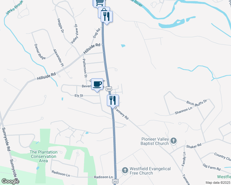 map of restaurants, bars, coffee shops, grocery stores, and more near 342 Southwick Road in Westfield