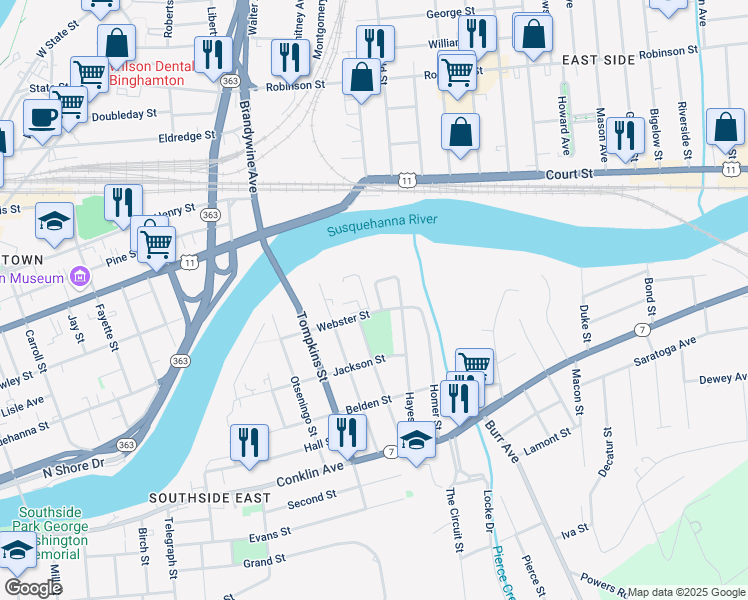 map of restaurants, bars, coffee shops, grocery stores, and more near 4 Webster Court in Binghamton