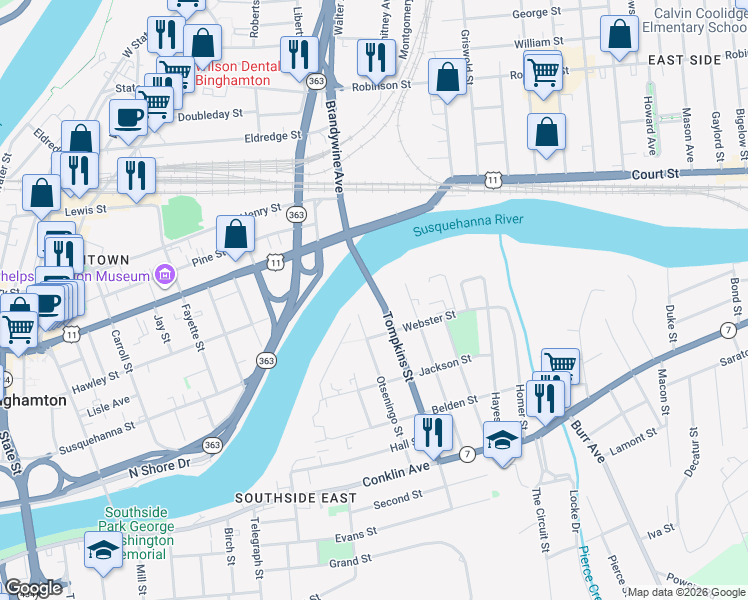 map of restaurants, bars, coffee shops, grocery stores, and more near 282 Court Street in Binghamton