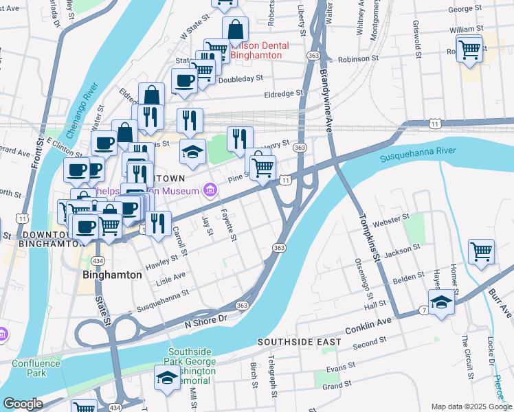 map of restaurants, bars, coffee shops, grocery stores, and more near 210 Court Street in Binghamton
