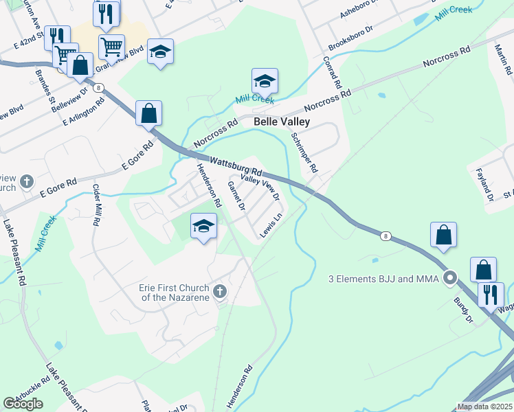 map of restaurants, bars, coffee shops, grocery stores, and more near Harmon Drive in Erie