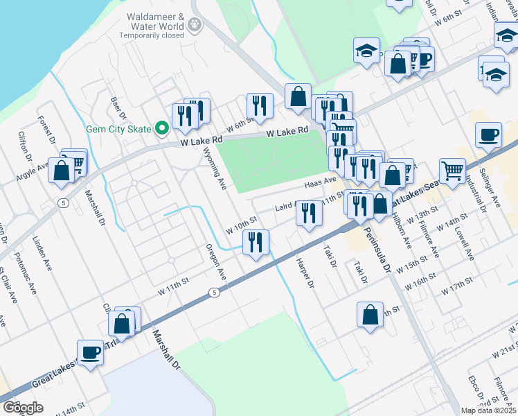 map of restaurants, bars, coffee shops, grocery stores, and more near 914 Sill Avenue in Erie