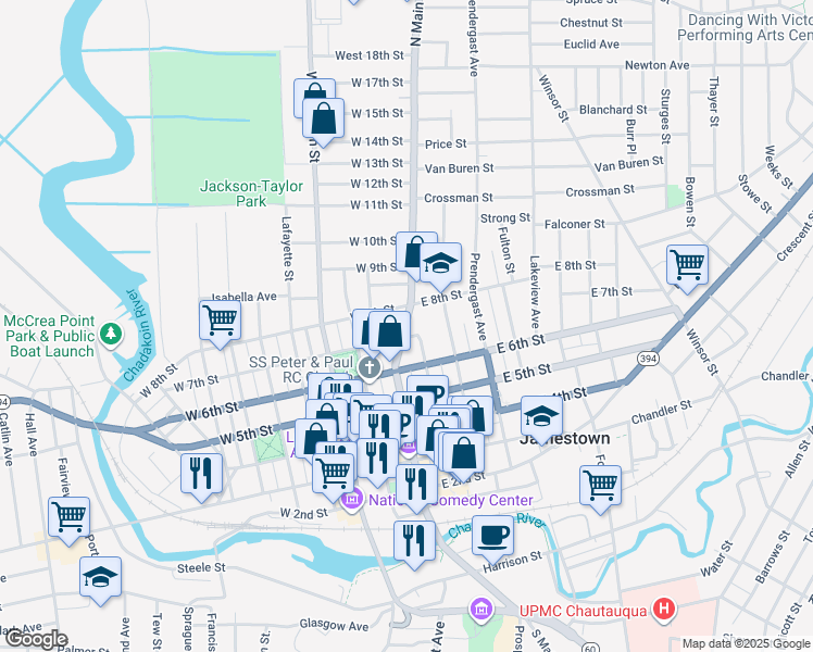 map of restaurants, bars, coffee shops, grocery stores, and more near 11 West 8th Street in Jamestown