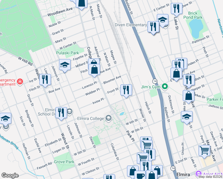map of restaurants, bars, coffee shops, grocery stores, and more near 212 Front Street in Elmira
