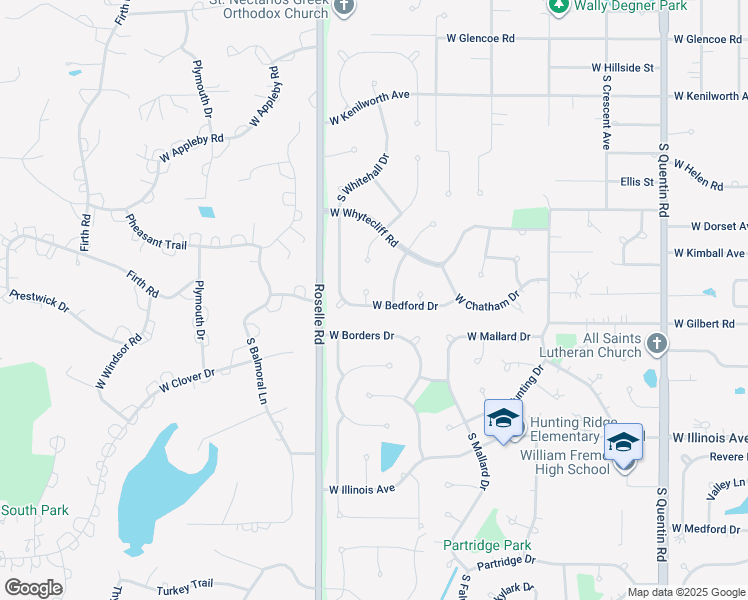 map of restaurants, bars, coffee shops, grocery stores, and more near 1302 West Bedford Drive in Palatine