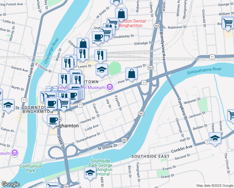map of restaurants, bars, coffee shops, grocery stores, and more near in Binghamton