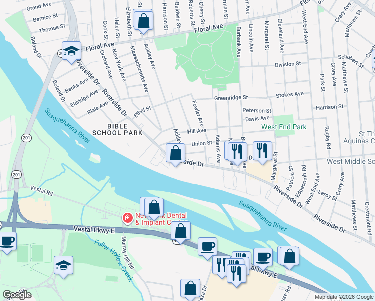 map of restaurants, bars, coffee shops, grocery stores, and more near 261 Ackley Avenue in Johnson City