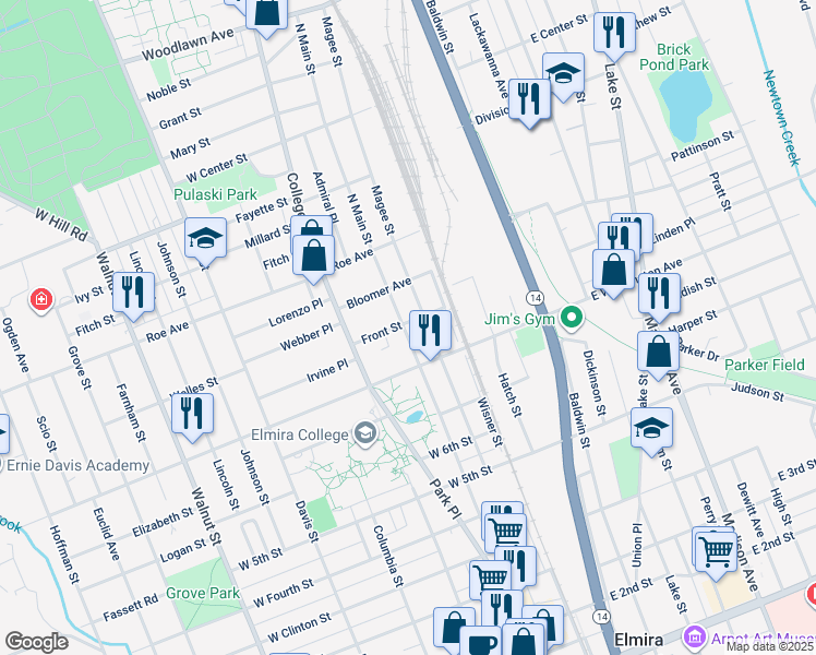 map of restaurants, bars, coffee shops, grocery stores, and more near 916 North Main Street in Elmira
