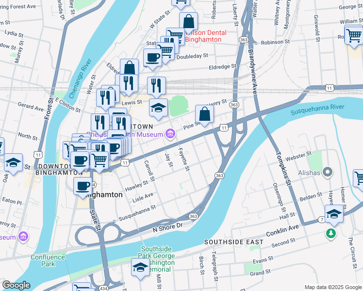 map of restaurants, bars, coffee shops, grocery stores, and more near in Binghamton