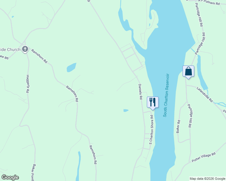 map of restaurants, bars, coffee shops, grocery stores, and more near 82B Daniels Road in Charlton