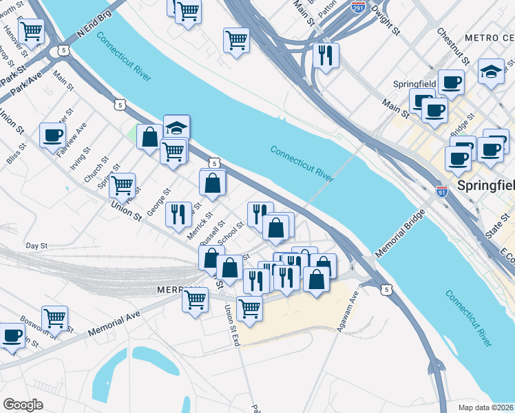 map of restaurants, bars, coffee shops, grocery stores, and more near 25 Belle Avenue in West Springfield